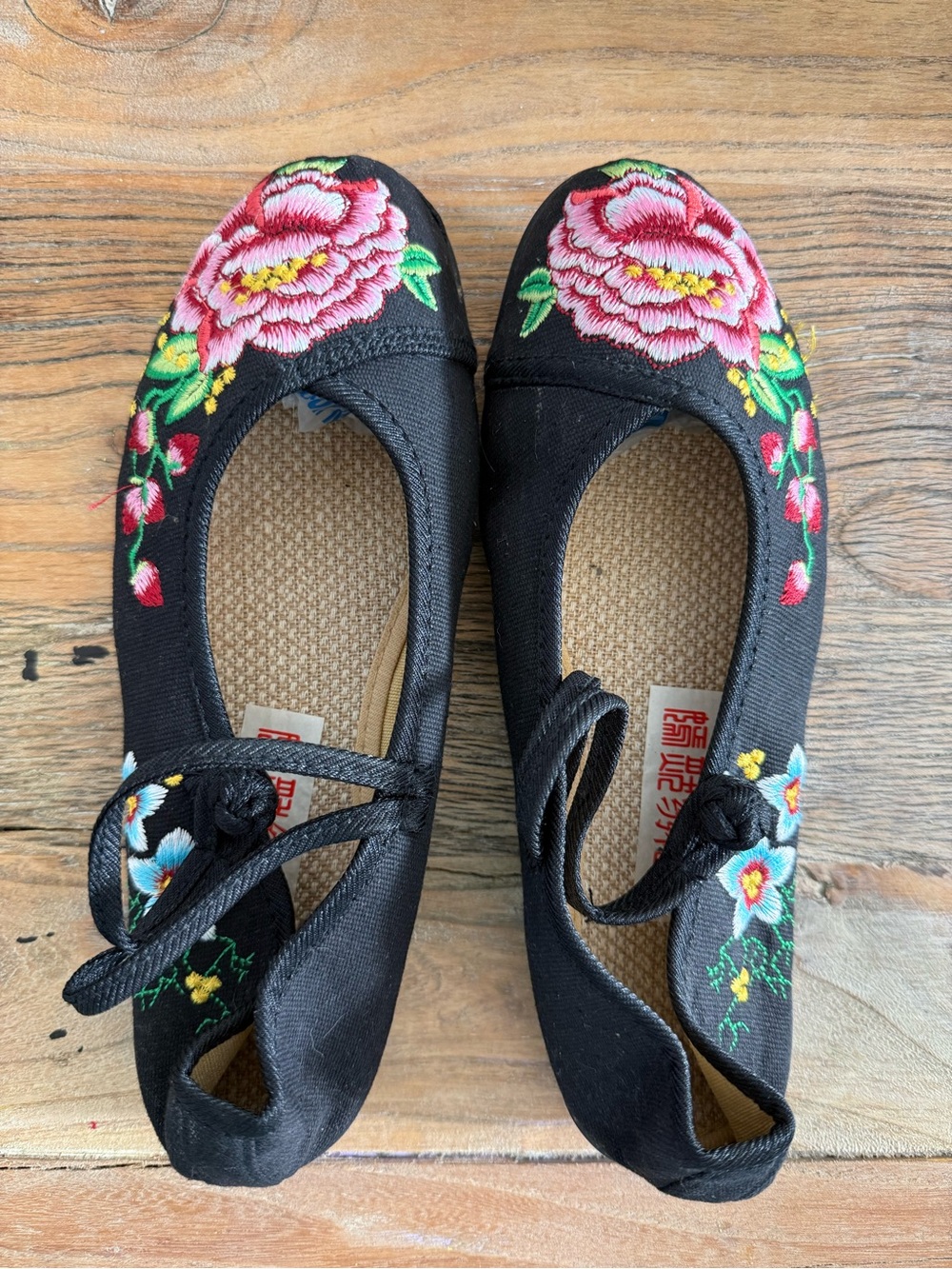 Black Embroidered Floral Mary Jane Flats | Chinese Peony Embroidery 9 NWOT